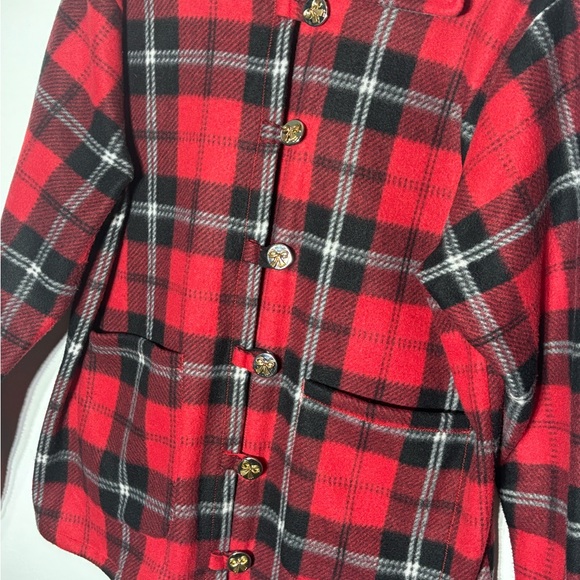 Women’s Red, Black, White Plaid FLEECE JACKET size L-XL bow buttons - Picture 4 of 9